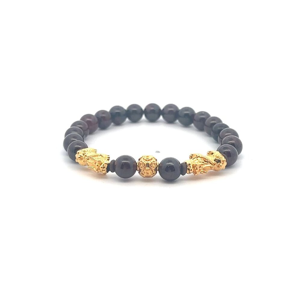 18K Gold Pixiu Piyao Coin Ball Charm Bracelet Gemstone Garnet 6mm January Births